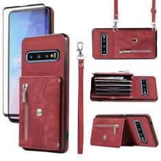 Capa de telefone para Samsung Galaxy S10 capa carteira e protetor de tela de vidro temperado com alça transversal de pulso cordão suporte para cartão de crédito celular de couro S 10 Edge 10S GS10 X10
