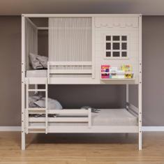 Beliche Casinha Reta com Grade Removível e Cortina Madeira Maciça Branco Housin