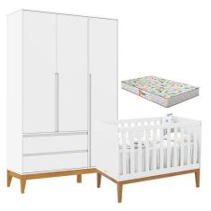 Berço Americano Unique e Guarda Roupa 3 Portas Nature Clean Branco Soft Eco Wood com Colchão Gazin - Matic