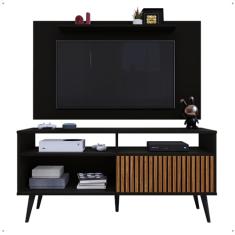 Rack Bancada Estante Painel TV Smart 48 Polegadas Home Pequeno Nicho Porta Correr Pés Palito Retrô Sala Quarto Samba Preto/Ripado - RPM