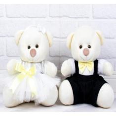 CASAL URSOS TEDDE 22cm - PAJEM PRETO DAMINHA BRANCA PELUCIA PALHA - CK