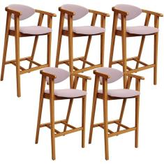 Kit 05 Banquetas Alta Para Bancada Bar Sala De Jantar Fixa Cecília L02 Suede Rosê