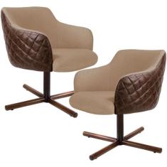 Kit 02 Poltronas Decorativa Giratória Base X Jade D02 Linho Bege C-129