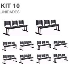 Kit 10 Cadeiras Longarinas PLÁSTICAS 03 Lugares – Cor PRETA – 23026
