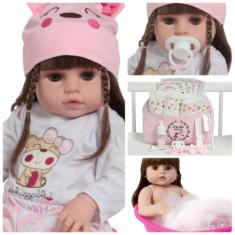 Boneca Reborn Gatinha Corpo de Vinil Com Bolsa Kit Itens - Cegonha Reb