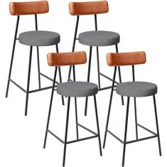 Kit 04 Banquetas Baixa Cozinha Jantar Milão L02 Couríssimo Camel Linho Cinza Escuro