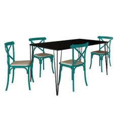 Conjunto De Mesa Elen Retangular Tampo De Madeira 140X80Cm Preto Com 4 Cadeiras Katrina Azul Turques