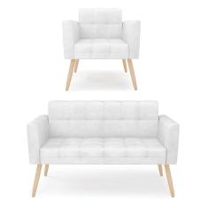 Kit 1 Sofá Namoradeira E 1 Poltrona Elisa Corano Pés Palito Natural - D`rossi Cor Branco