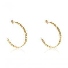 Brinco Argola Média Trabalhada Com Vazado Folheado Em Ouro 18k