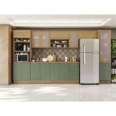 Cozinha Completa com 7 Peças 3 Gavetas Nogueira/Verde Oliva