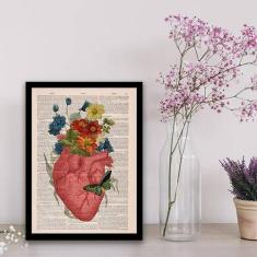 Quadro Decorativo Coração com Flores 45x34cm - Quadros On-line, Madeir