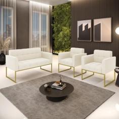 Kit 1 Sofá Namoradeira e 2 Poltronas Elisa Veludo Base Metálica Indust