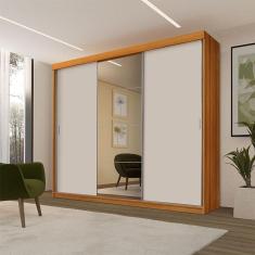 Guarda Roupa Casal Ambiente Ímola 3 Portas de Correr 5 Gavetas MDF com Espelho Freijó Off White Pina