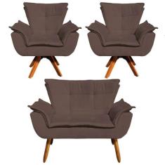 Kit Namoradeira e 2 Poltronas Base Giratória Madeira Opla Suede Marrom