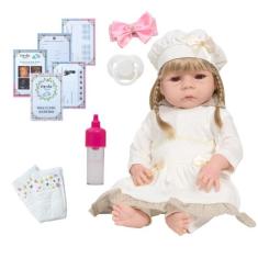 Boneca Bebê Realista Vestido Bege Acessórios Envio Imediato - Cegonha 