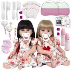 Bonecas Gêmeas Bebe Reborn Realista Olhos Castanhos 20 Itens - Cegonha