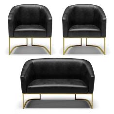 Sofá Namoradeira E 2 Poltronas Base Industrial Dourado Stella Corano Preto D03 - D`rossi