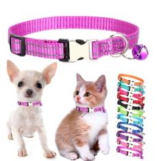 Coleira roxa clara com sino, coleira reflexiva de nylon PP para gatos, coleira macia para filhotes, fivela ajustável para cães pequenos, fêmeas, pequenos animais de estimação, meninos, meninas,