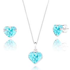 Colar Brinco Infantil Coração Zirconia Prata 925 azul claro - Lojas La