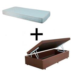 Cama Box Baú Solteiro 88 - Tecido Sintético Marrom com Colchão Munique Bello Box - 100% Espuma - D33 Branco 55x88x188