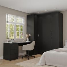 Guarda Roupa Modulado 4 Portas 3 Peças com Escrivaninha Hera CabeCasa MadeiraMadeira Preto/Cromado