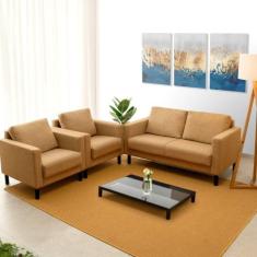 Conjunto Sofá 2 Lugares com USB e 2 Poltronas em Linho Antúrio CabeCasa MadeiraMadeira Âmbar