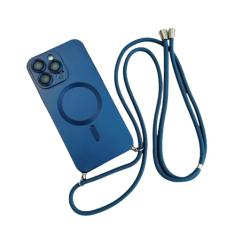 Capa magnética de cordão crossbody para iPhone 15 14 13 12 11 Pro Max Plus X XS XR Capa de proteção de câmera de TPU macio, azul marinho, para iphone 12 pro