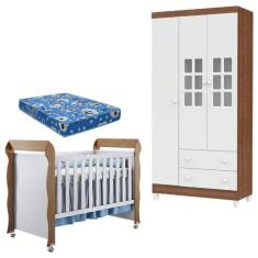 Berço Mirelle e Guarda Roupa Mariah 3 Portas Branco Acetinado Amadeira