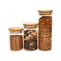 Kit 3 Potes de Vidro para Mantimento com Tampa de Bambu Circular 450/3