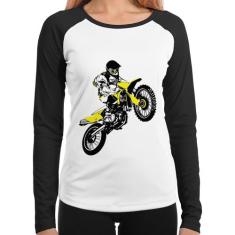 Baby Look Raglan Motocross Jump Manga Longa - Foca na Moda, Branco, Pr