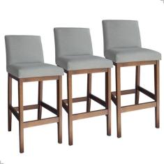 Kit 3 Banquetas Altas 70cm Montada Estofadas com Encosto Linho Madeira