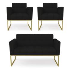 Kit 1 Sofá Namoradeira E 2 Poltronas Elisa Linho Base Metálica Industrial Dourada Cor A79 Preto