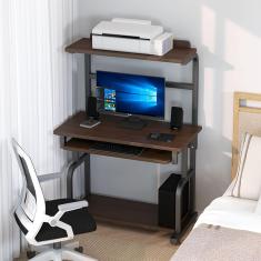 Mesa de computador com bandeja de teclado e prateleira de impressora, mesa de computador de estilo simples moderno, estação de trabalho compacta para laptop para espaços pequenos, marrom esc