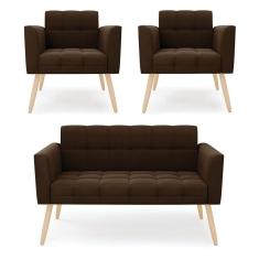 Kit 1 Sofá Namoradeira E 2 Poltronas Elisa Suede Marrom Pés Palito Natural - D`rossi