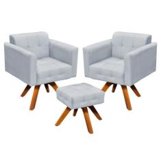 Kit 02 Poltronas Giratória Elisa e 01 Puff Suede Base Madeira MM30 D'R