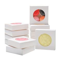 Bssay 60 caixas pequenas de embalagem de sabonete, 10 x 10 x 3 cm, caixas de papel quadradas brancas, caixa de embrulho de presente com janela transparente redonda para biscoitos de padaria, bolos,