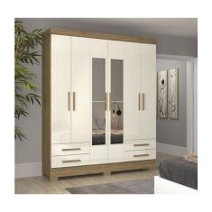 Guarda Roupa Casal Henn Briz 6 Portas 4 Gavetas Com Espelho - Rustico com Off White