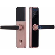 Fechadura Digital de Porta Inteligente Eletrônica de Embutir K7 Pro+ Bluetooth Desbloqueio por Biometria, Senha, Cartão, Chave e Remotamente pelo App Compatível Tuya Encaixe Quadrado Funciona com 4 Pilhas AAA - Vermelha Rose