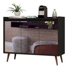 Buffet Aparador Retrô com Espelho Delux 3 Portas Preto - MoveisAqui