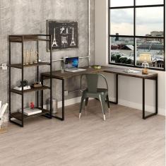 Conjunto Home Office Industrial 2 Peças 1 Escrivaninha em L e 1 Estante 4 Prateleiras Kuadra Compace Carvalho Dark