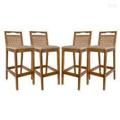Kit 4 Banquetas de Madeira para Bancada Alta Valência Rattan Amêndoa Linho Bege CCS