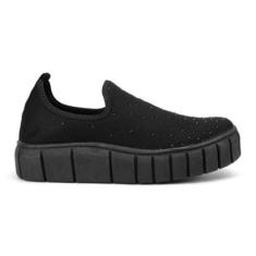 Tênis Slip On Feminino Casual Wit Shoes Tecido Elastano Pedrarias Calce Fácil-Feminino
