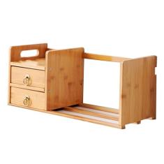 Estante de mesa expansível, estante de mesa de bambu com gavetas, prateleira organizadora de bancada telescópica, estante de mesa para dormitório de escritório
