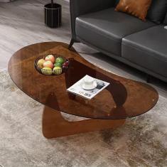 Mesa de centro de vidro vintage, mesa final abstrata moderna, base de madeira maciça de meados do século e tampo de vidro transparente para sala de estar, pátio, sala de estudo, escritório,