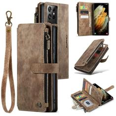 UEEBAI Capa carteira para Samsung Galaxy S21 Ultra 5G, capa de telefone premium feita à mão de couro PU com compartimentos para cartões, fecho magnético, bolso com zíper, suporte, capa flip com alça