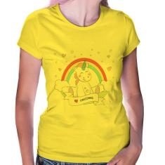 Baby Look Unicórnio Arco Íris - Foca na Moda, Amarelo, GG