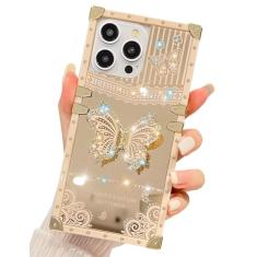 TRODINO Linda capa compatível com iPhone 16, borboleta brilhante de luxo com suporte dobrável para mulheres e meninas, capa protetora à prova de choque espelhada brilhante para iPhone 16-6,1 polegadas