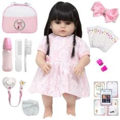 Boneca Reborn Morena Baby Nicole de Silicone Kit Acessórios - Cegonha 