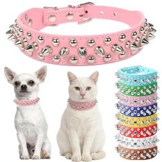 Coleira de cachorro com pontas rosa para cães grandes, coleiras para filhotes de cachorro com espinhos de couro, cogumelos, rebites, coleiras para gatos ajustáveis para cães PPP XS médio e grande, G