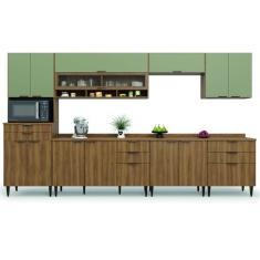 Armário de Cozinha Completa Com Balcão Nicho Para Micro Ondas 13 Portas 8 Gavetas Paris Nogal/Verde Batrol